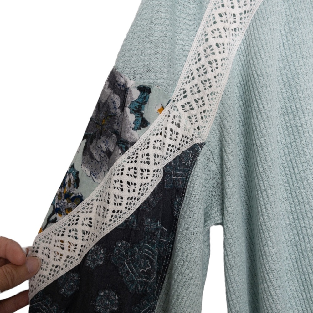 Free People Casual Clash Thermal Knit Tunic Top Mint Green Balloon Sleeve - Picture 3 of 12